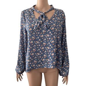 Cozy Roxy Blouse Large Floral Pussybow Necktie Lightweight Multicolored